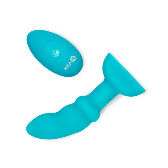 Turquoise silicone remote-controlled prostate plug with a flared base.