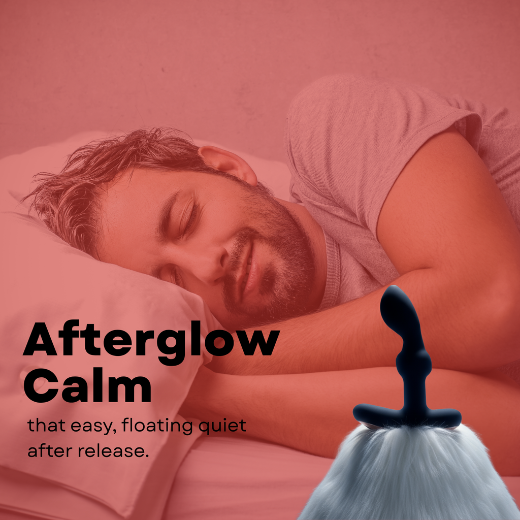 A man sleeps peacefully next to a prostate massager with a fluffy white base.