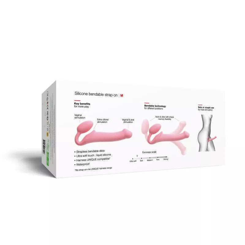 Pink silicone bendable strap-on with key benefits and bendable technology.