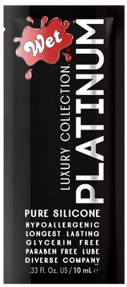Wet Platinum silicone lubricant pouch with product details.