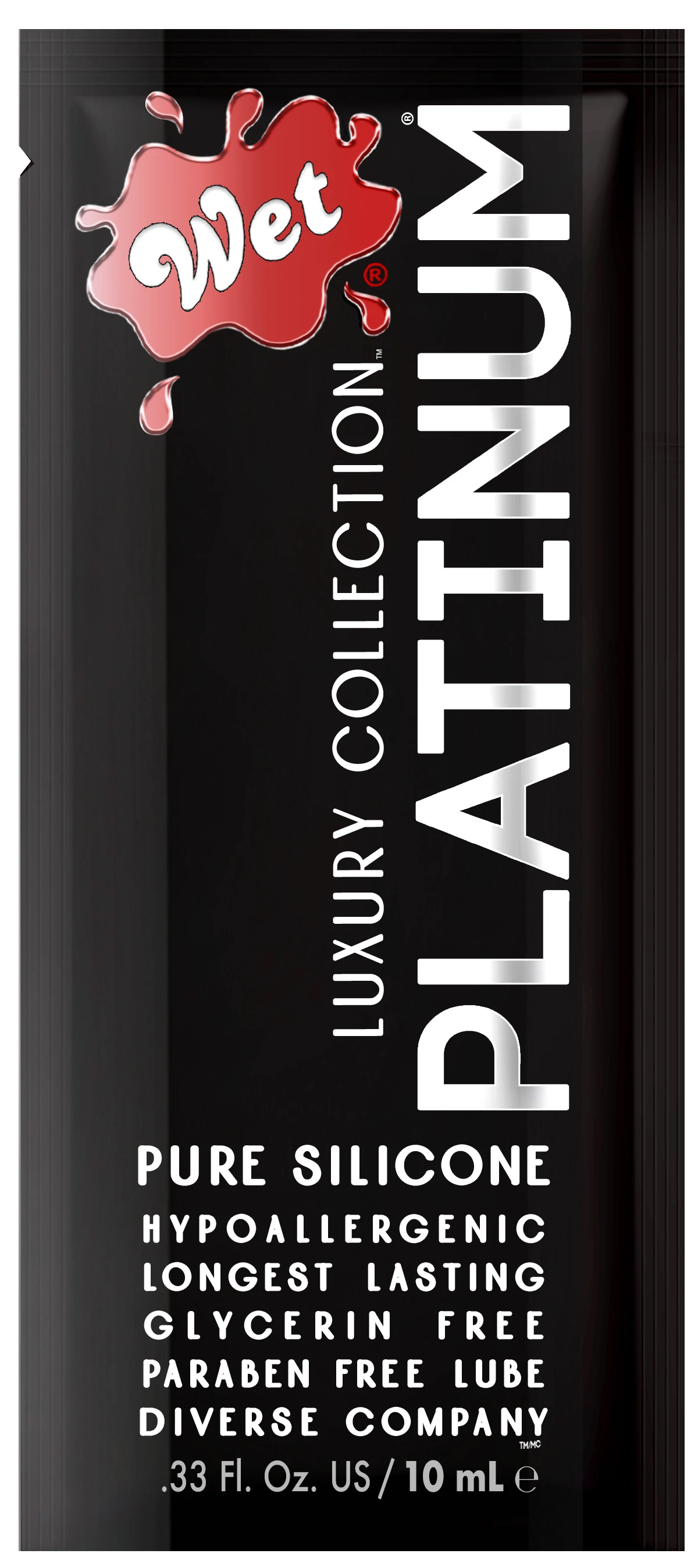 Wet Platinum silicone lubricant pouch with product details.