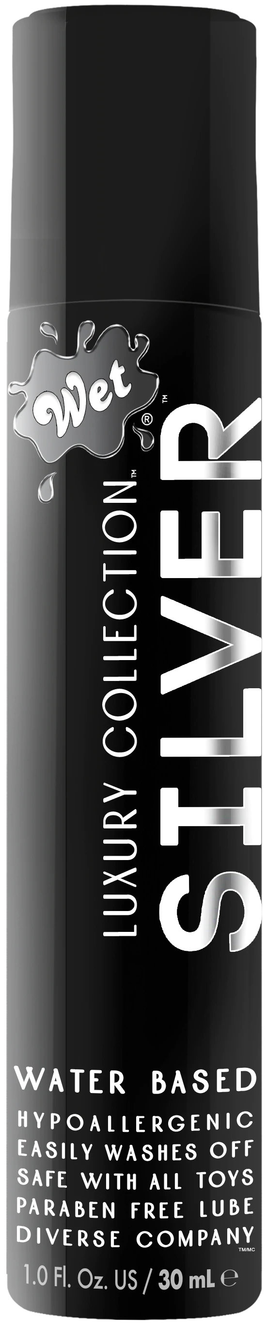 Wet Silver water-based lubricant with hypoallergenic properties.