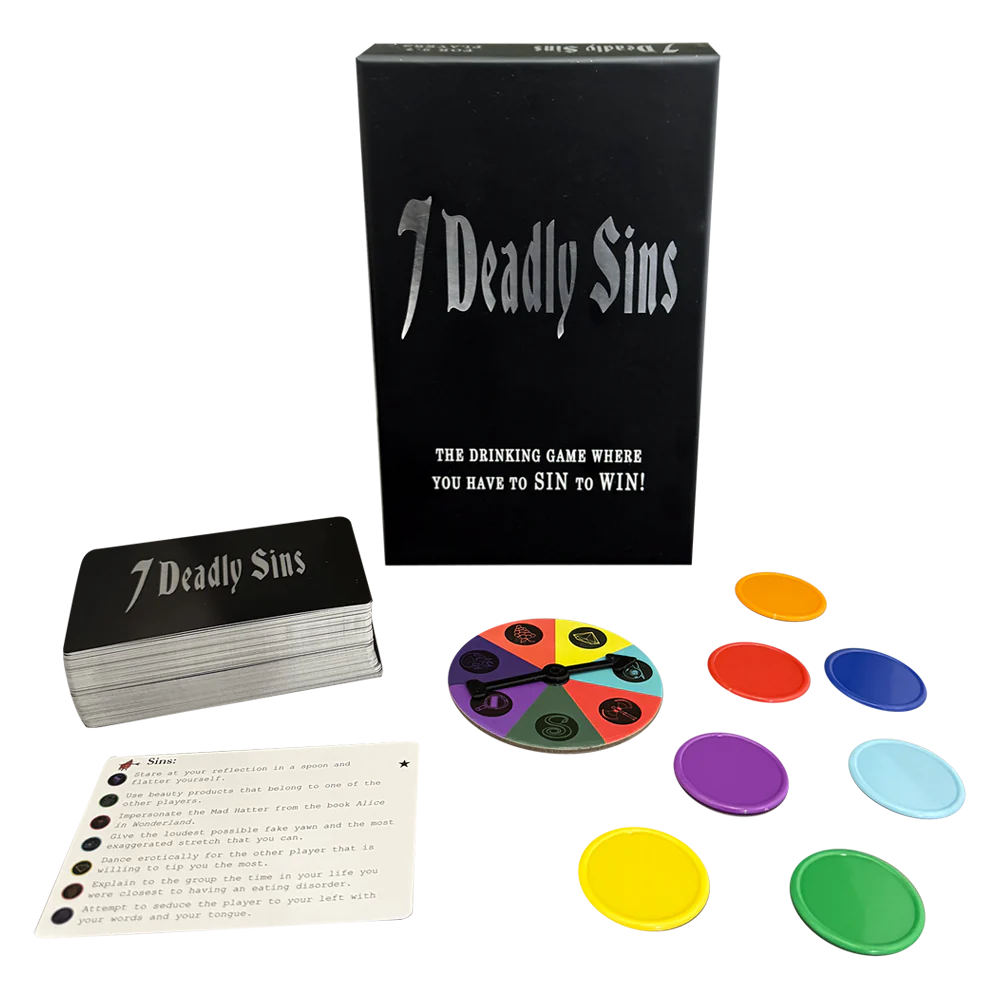 7 Deadly Sins drinking game with cards, spinner, and colored tokens.