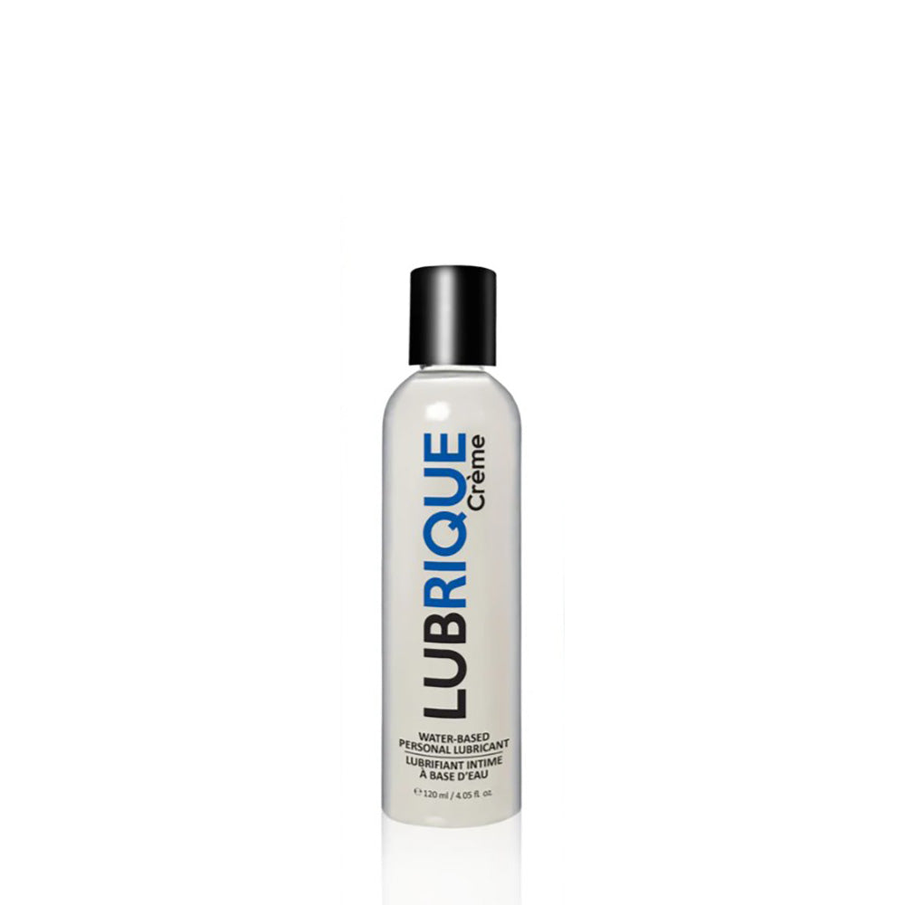 Lubrique Crème water-based personal lubricant in a clear bottle with a black cap.