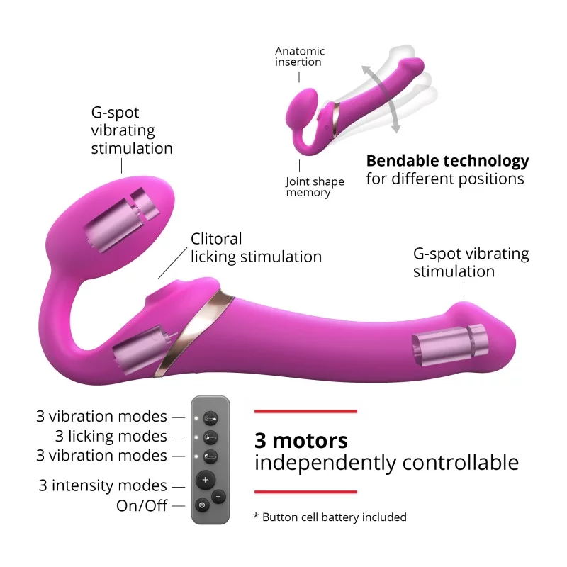 Fuchsia silicone bendable strap-on with remote control and multiple vibration modes.