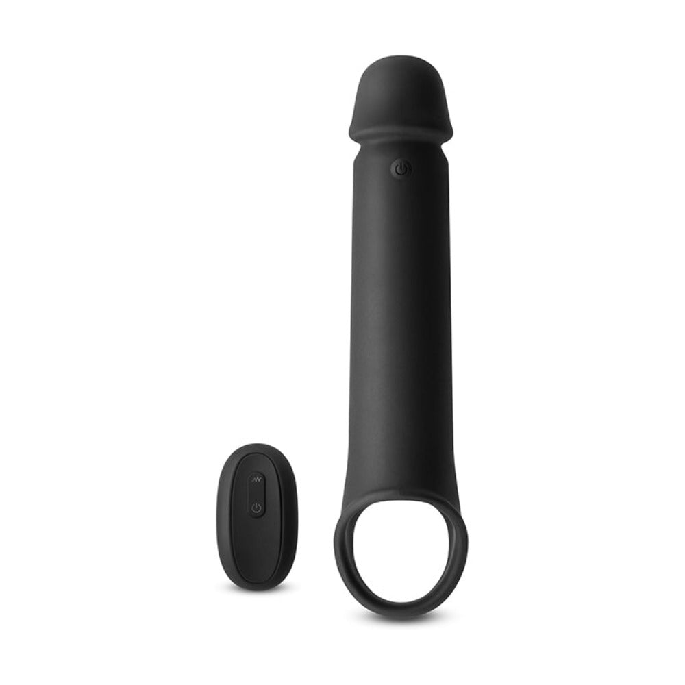 Black silicone vibrating penis extension with a remote control.