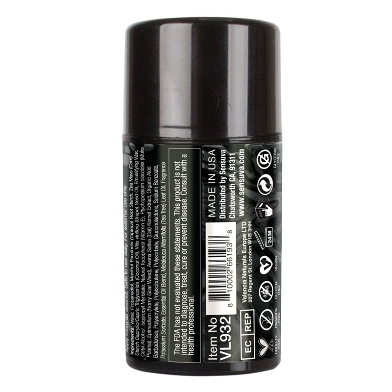 Sensuva Dark Temptations liquid-to-powder body cream in a black bottle.