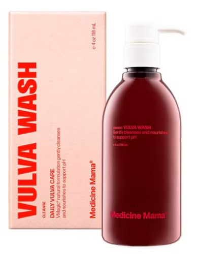 Medicine Mama Vulva Wash in a dark red bottle with a pump dispenser.