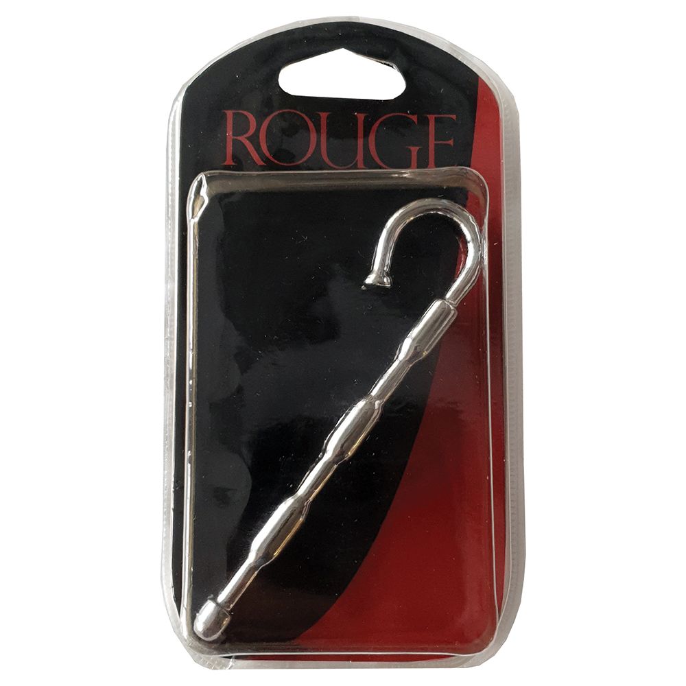 Stainless steel urethral plug with waved shaft and pull handle in Rouge packaging.