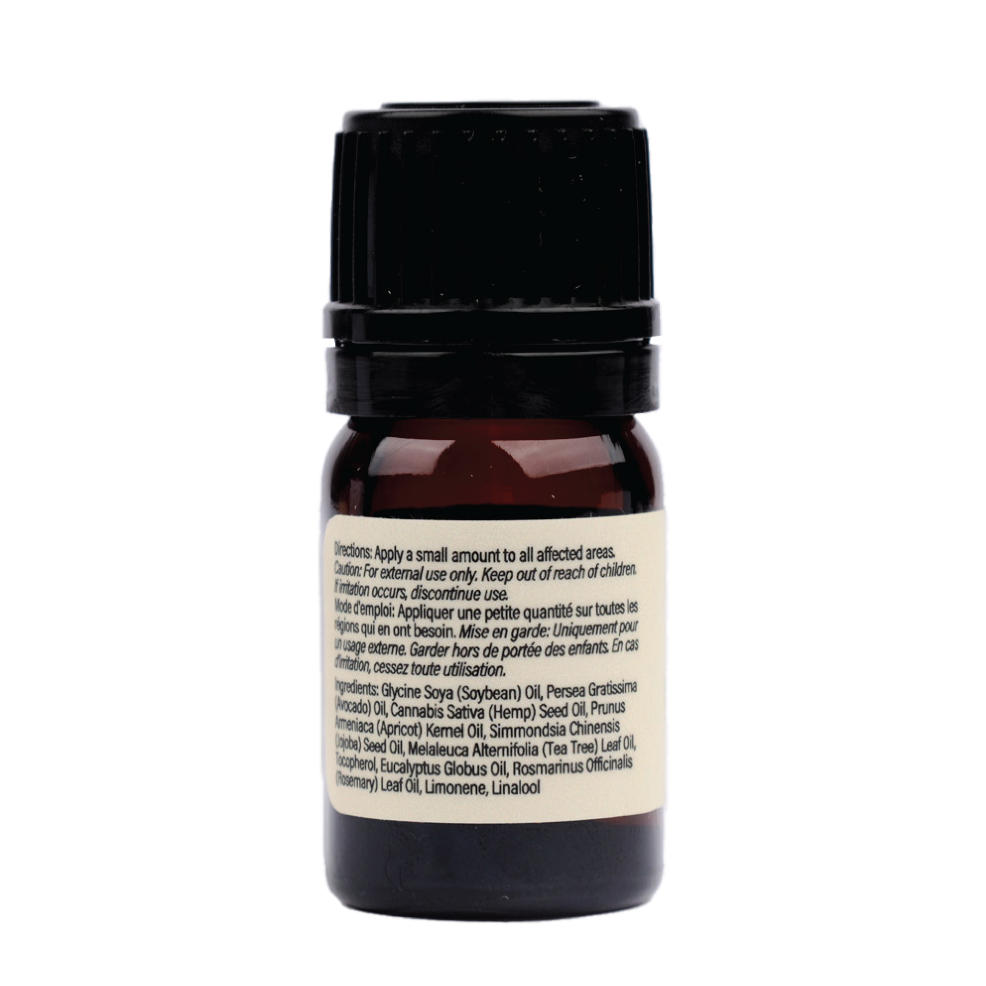 A small brown glass bottle with a black cap contains Miracle Oil with visible ingredients list.