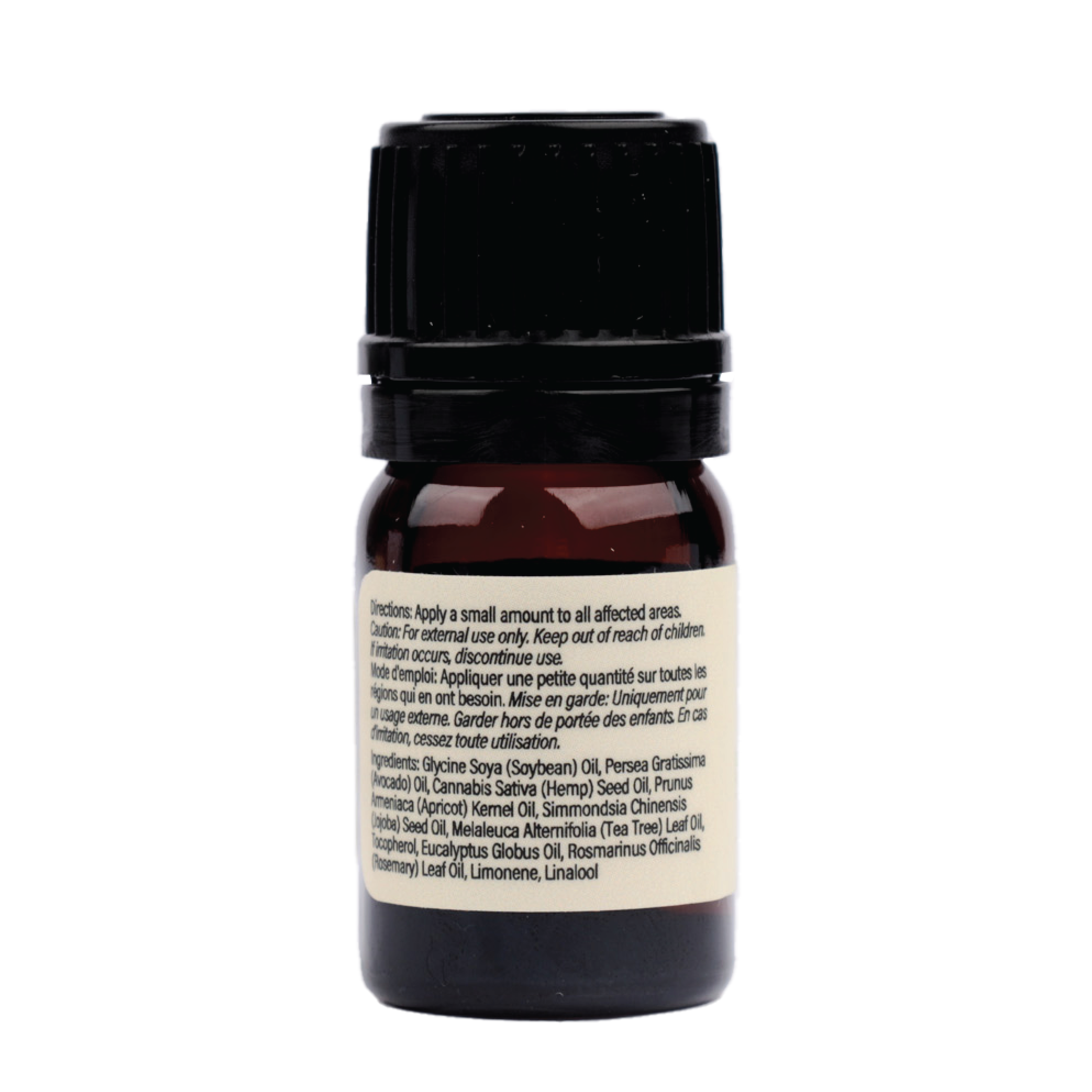 A small brown glass bottle with a black cap contains Miracle Oil with visible ingredients list.