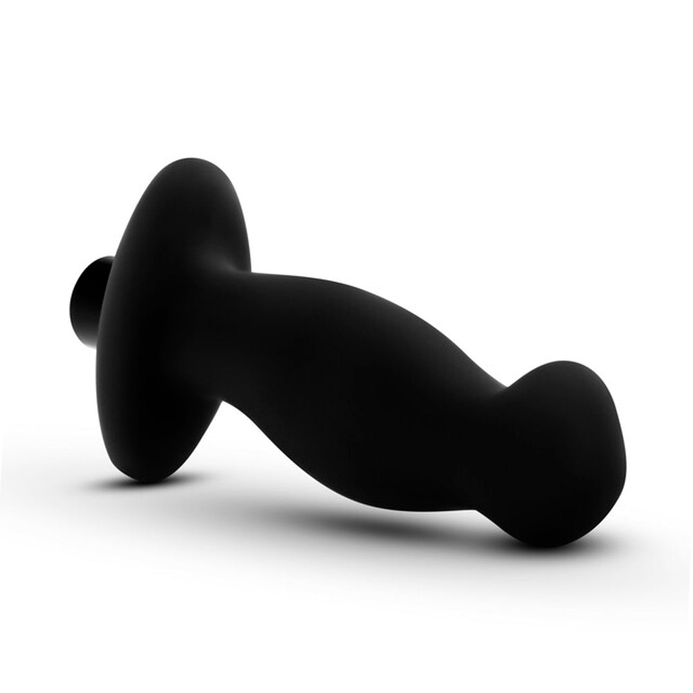 Black silicone prostate massager with a curved shape and flared base.