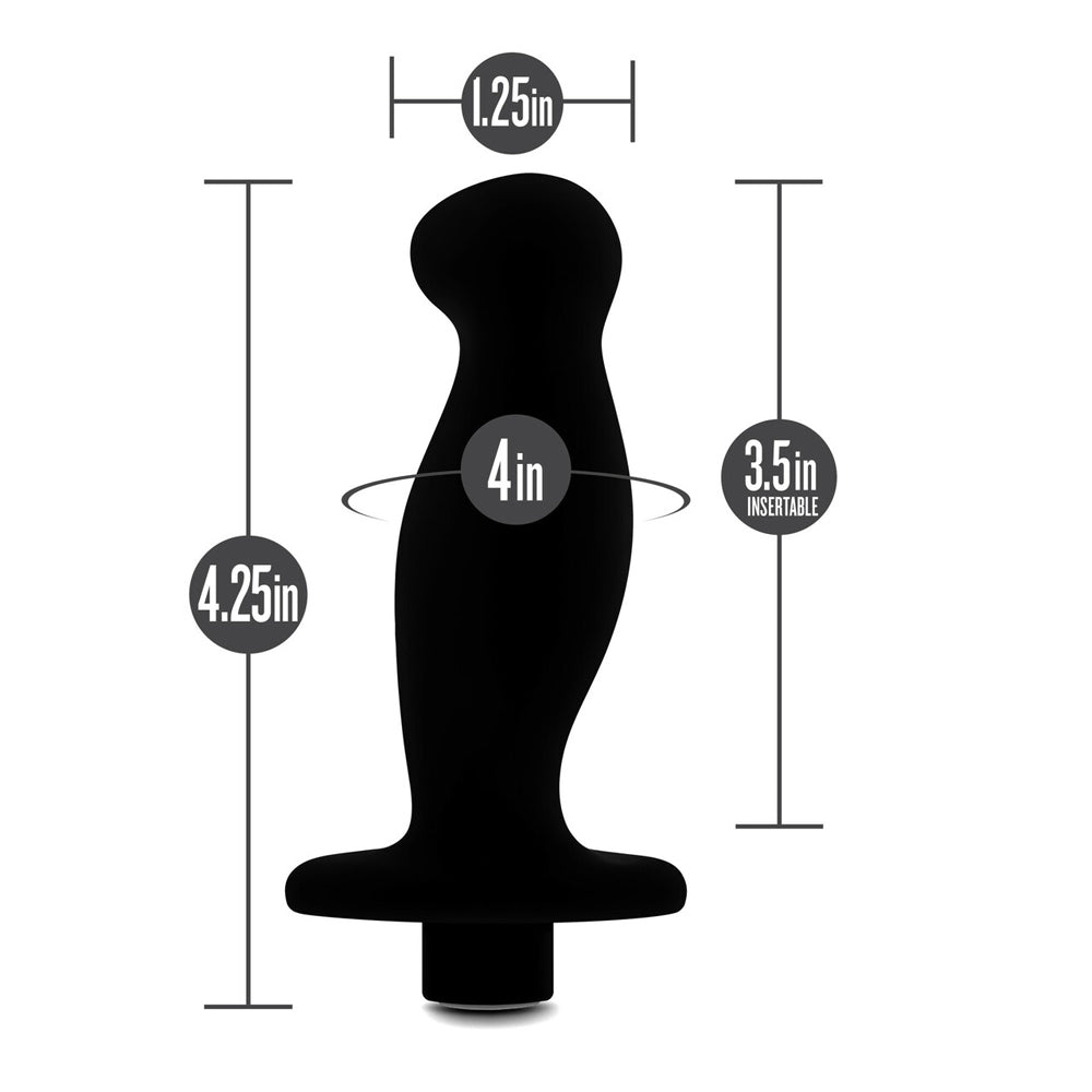 Black silicone prostate massager with dimensions 4.25in length, 3.5in insertable, and 1.25in width.