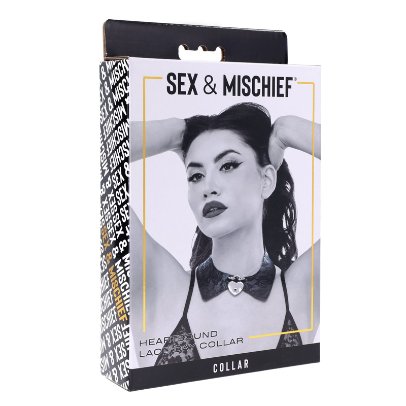 Black lace day collar with a heart lock on a box.