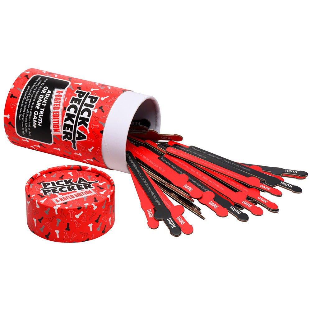 A red and black "Pick A Pecker" adult truth or dare card game with cards spilling out of a cylindrical container.