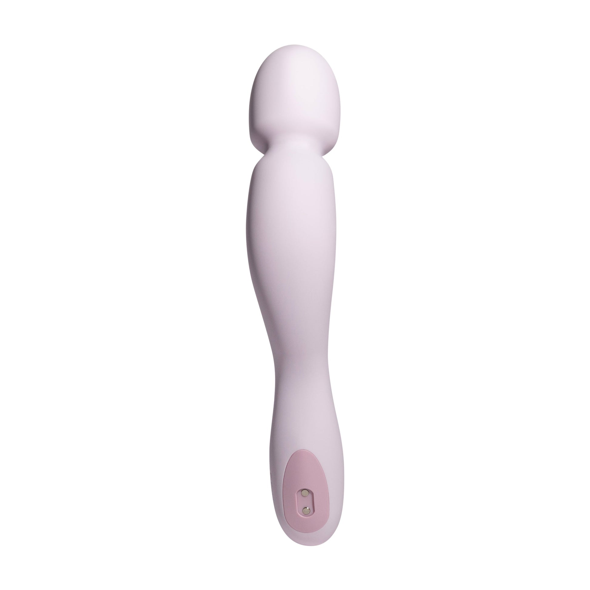 A pink wand vibrator with a rounded head and a pink accent at the base.