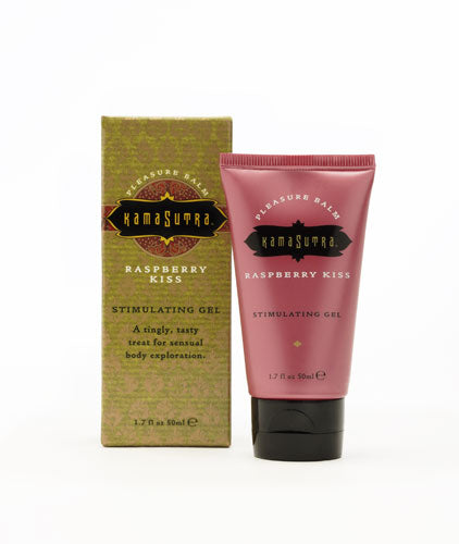 Kama Sutra Raspberry Kiss stimulating gel in a pink tube next to its box.