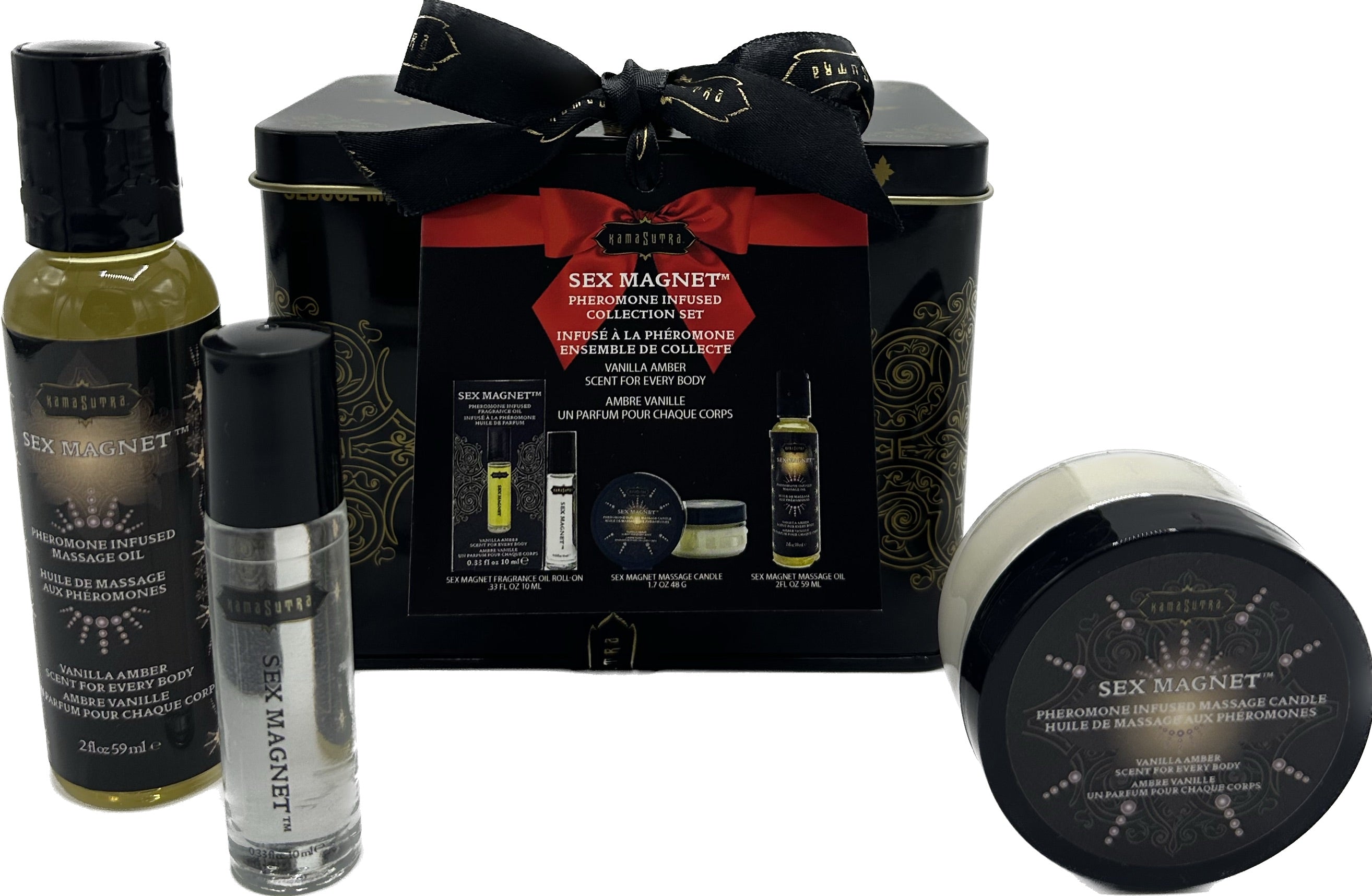 Kama Sutra Sex Magnet pheromone infused collection set with massage oil and candle.