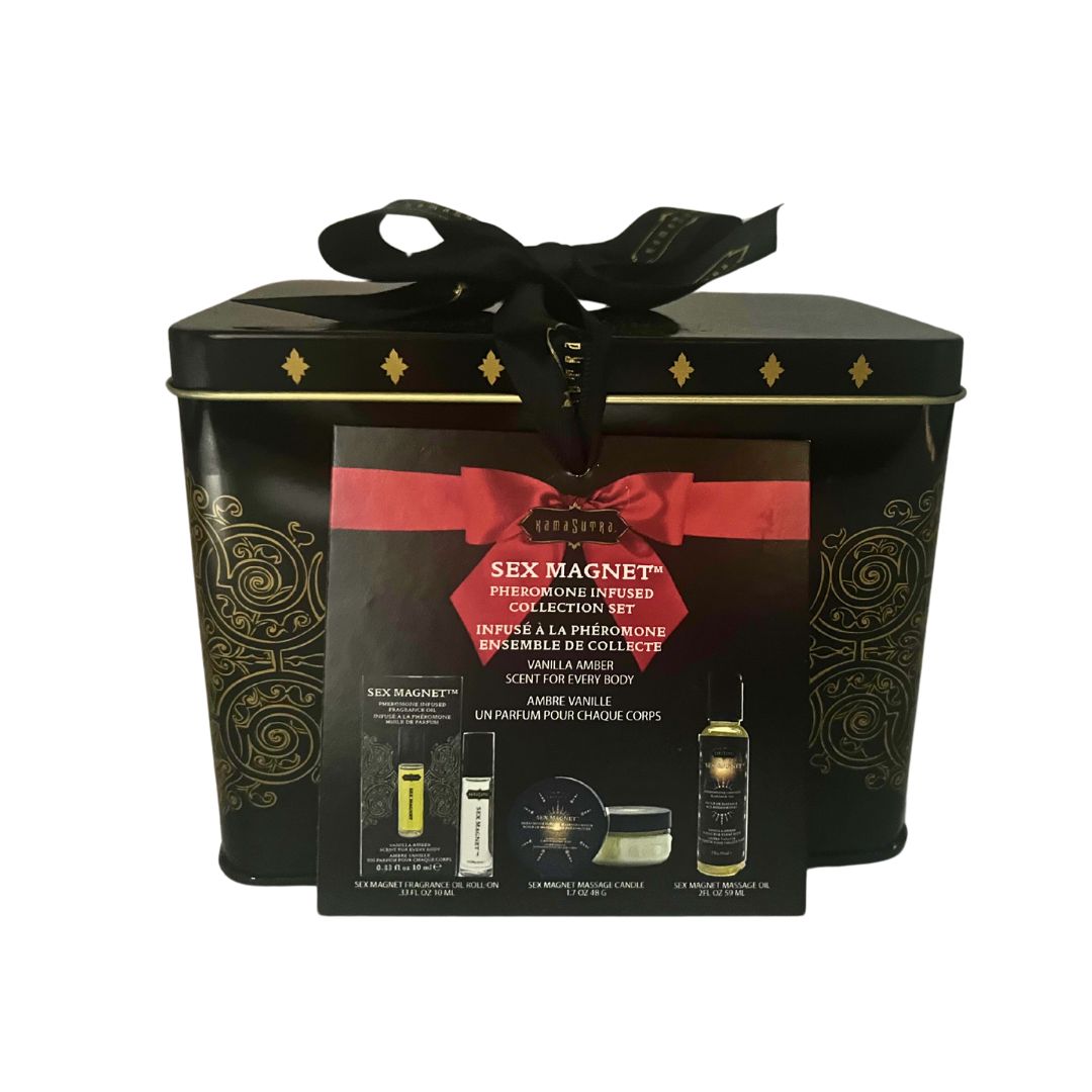 Kama Sutra Pheromone Infused Collection Set in a black tin with a red bow.