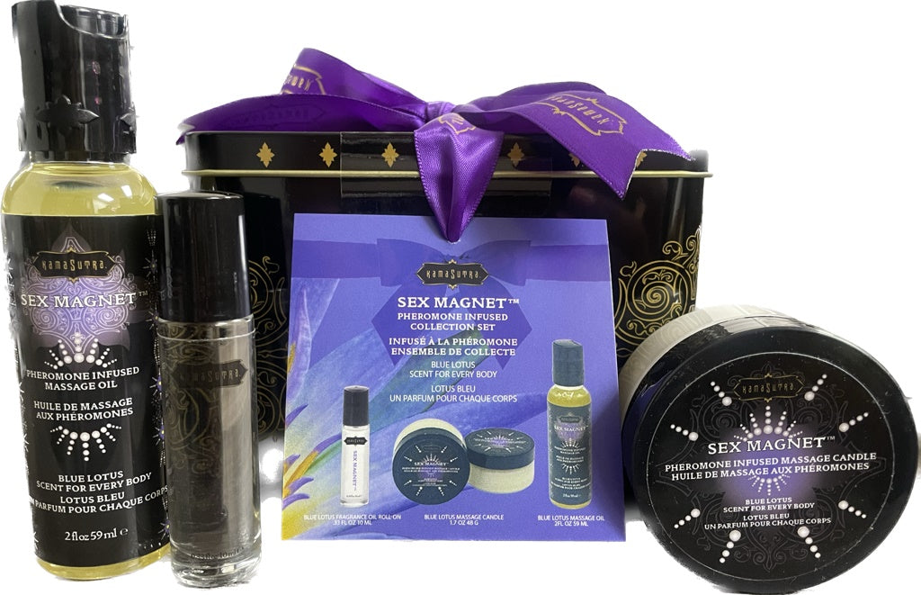 Kama Sutra Blue Lotus Pheromone Fragrance Gift Set with massage oil and candle.