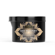 Kama Sutra Sex Magnet Vanilla Amber pheromone infused massage candle in a black tin.