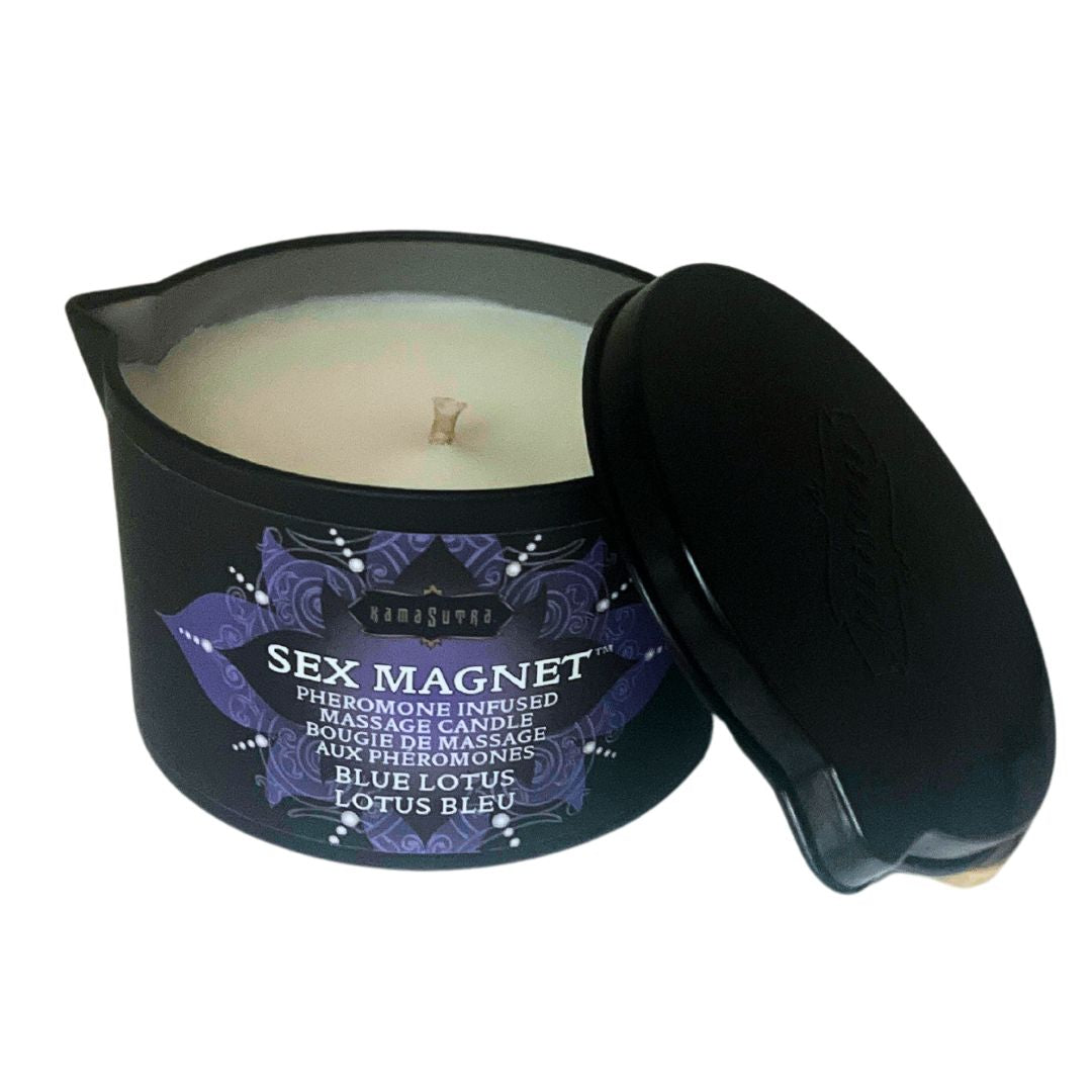 Kama Sutra Blue Lotus Pheromone Massage Candle with pour spout.