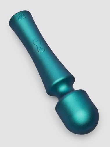 Teal mini wireless wand vibrator with plus and minus buttons.
