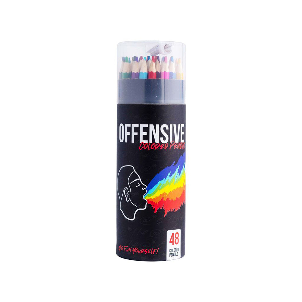 A container of 48 "Offensive" colored pencils with a rainbow graphic.