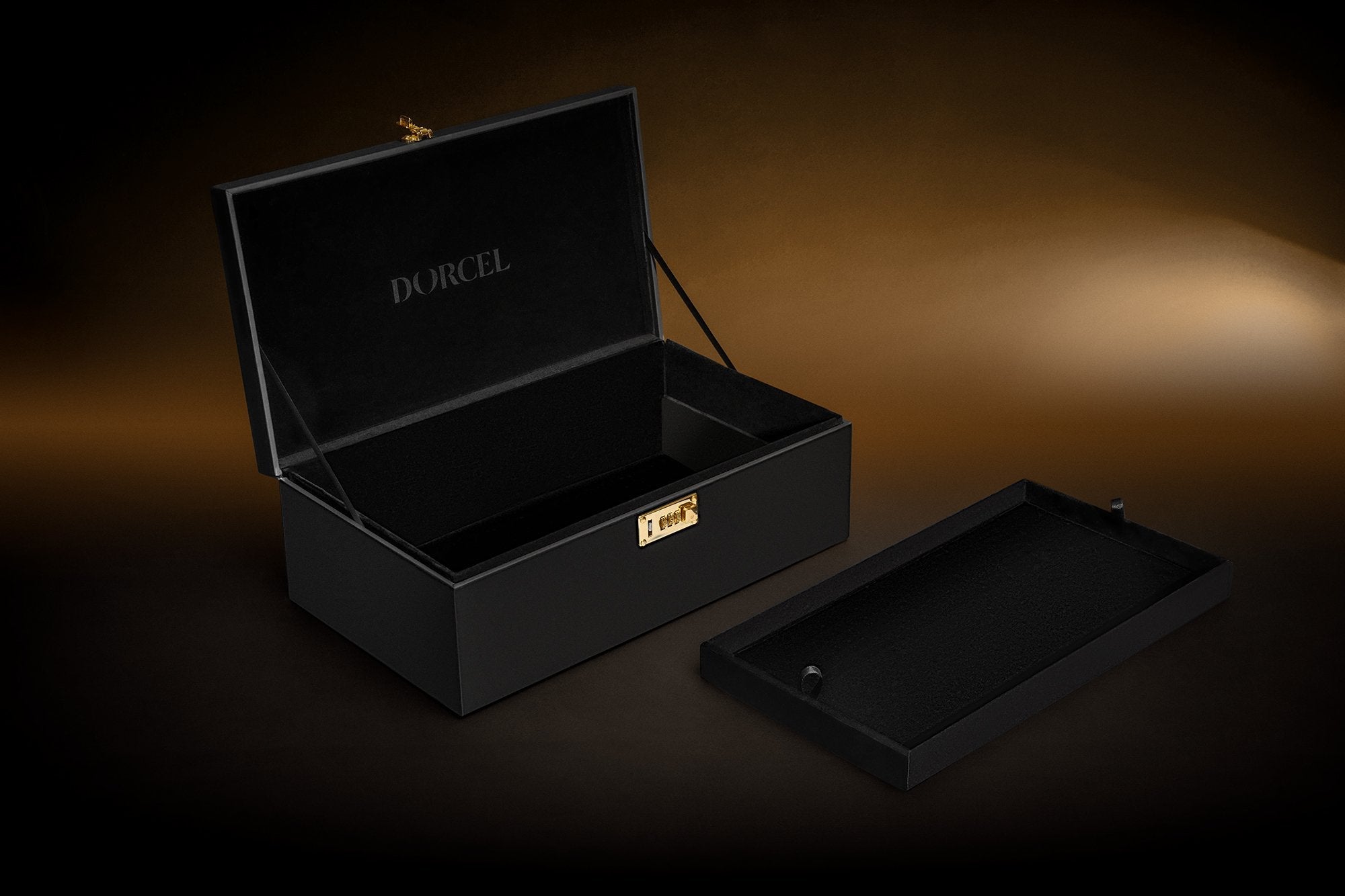 Black faux leather storage case with gold lock and removable tray.