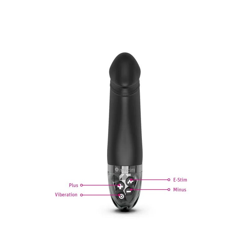 Black vibrator with buttons labeled "Plus", "Viberation", "E-Stim", and "Minus".