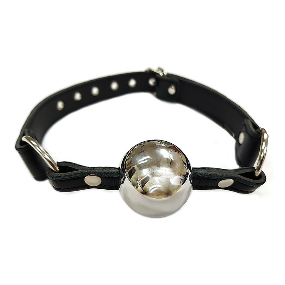 Hollow stainless steel ball gag with a black leather strap.