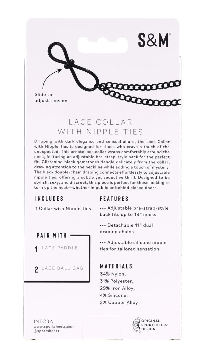 Black lace collar with adjustable nipple ties and chain accents.