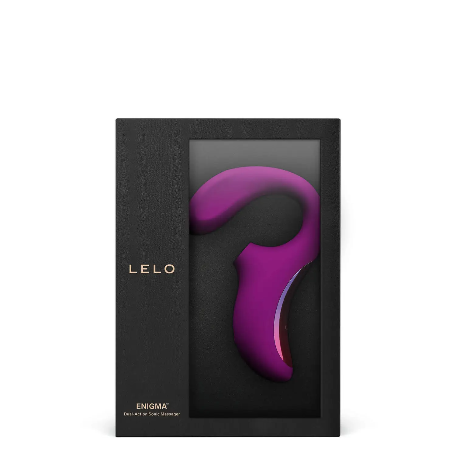 A deep rose Lelo Enigma dual-action sonic massager in its black packaging.