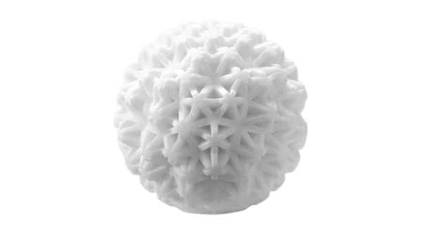 A white, intricately textured, spherical male masturbator.