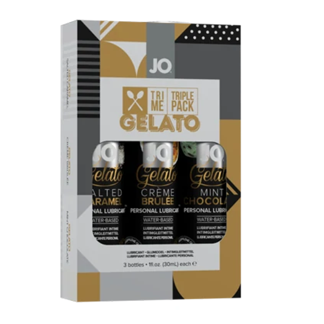 JO Gelato flavored lubricant sampler pack with three 1oz bottles.