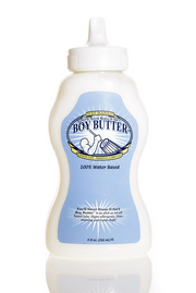 A white bottle of Boy Butter H2O based personal lubricant.