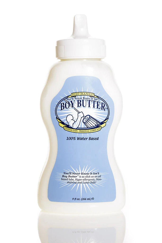 A white bottle of Boy Butter H2O based personal lubricant.
