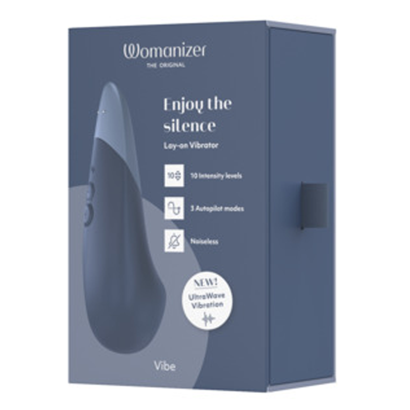 Dark blue Womanizer Vibe clitoral vibrator with 10 intensity levels and 3 autopilot modes.