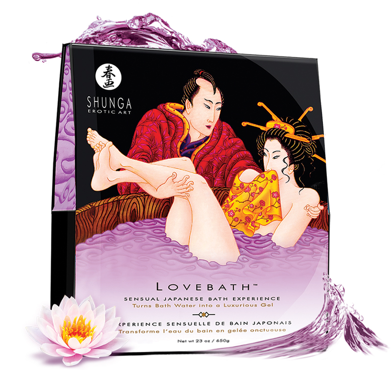 Shunga Sensual Lotus Jelly Bath Gel box with a Japanese couple in a bath.