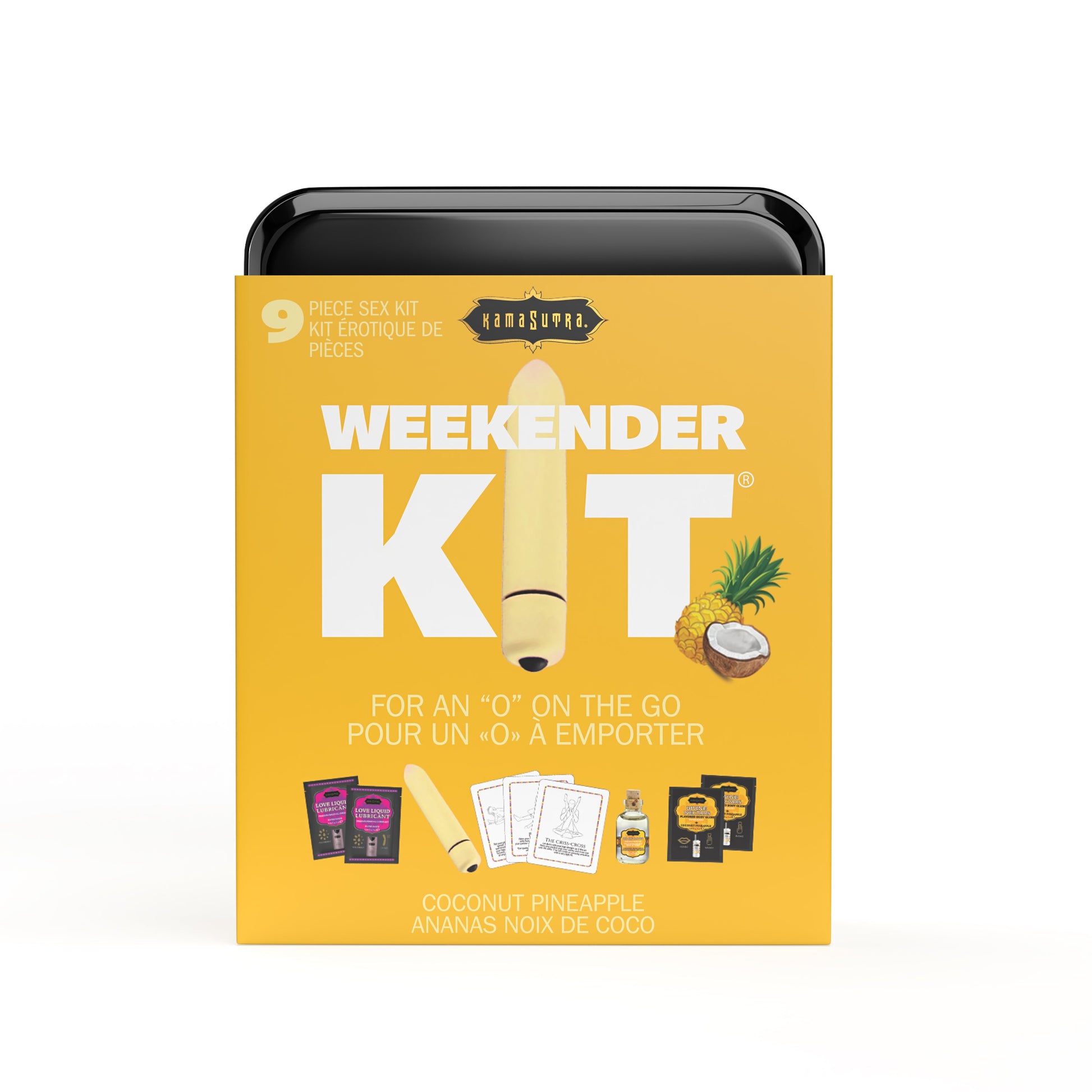 Kama Sutra Weekender Kit with a mini bullet vibe, lubricants, and play cards in a travel tin.