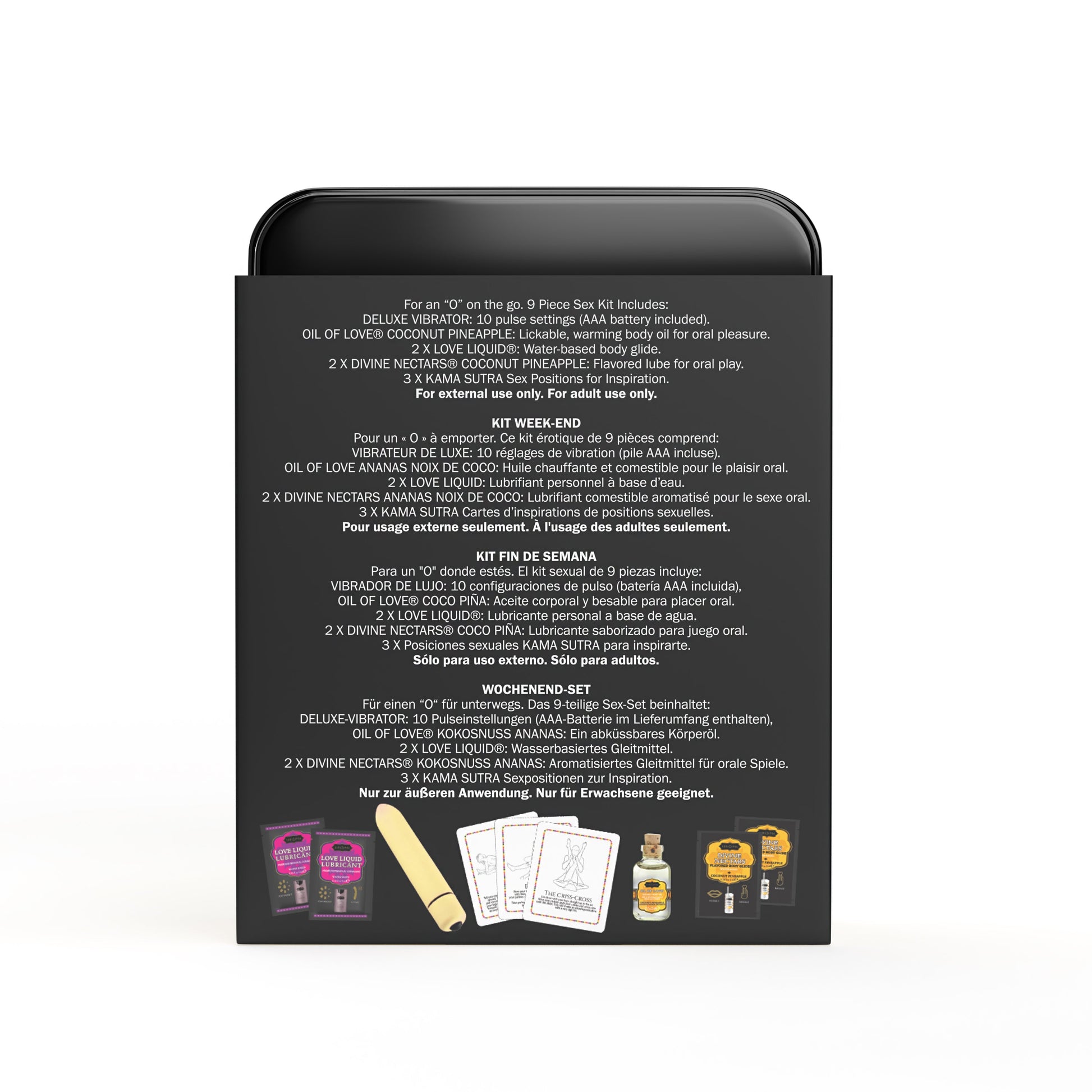 Weekender Kit with vibrator, coconut pineapple flavored lubricants, and Kama Sutra cards.