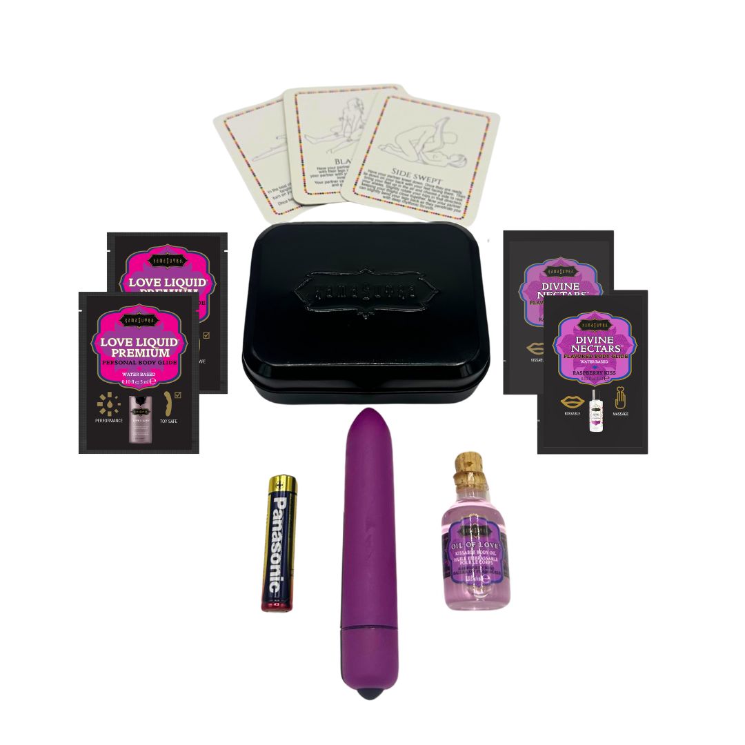 Raspberry Dreams Weekender Kit with mini vibe, lubricants, and play cards.