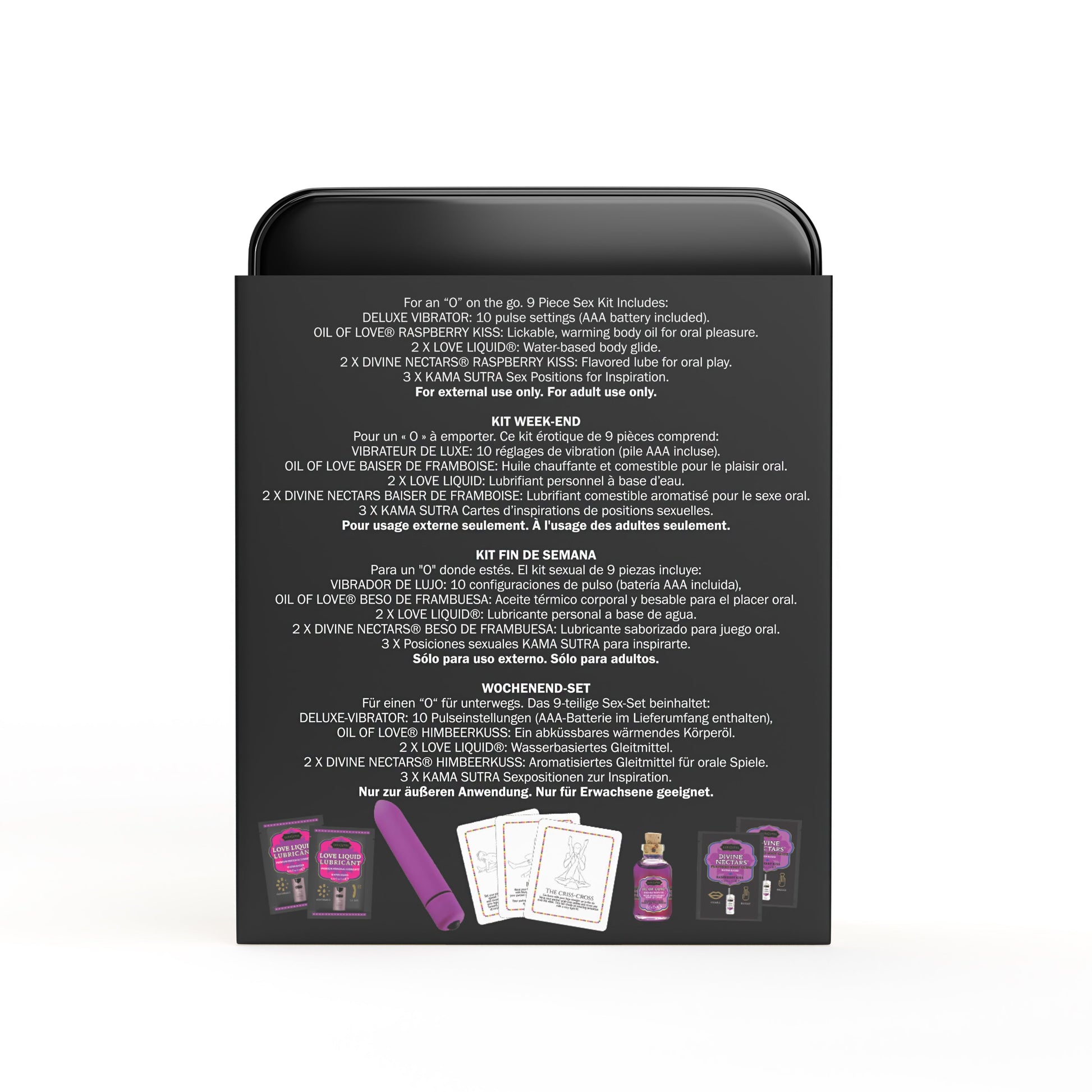 Raspberry Dreams Weekender Kit with mini vibe, warming oil, lubes, and Kama Sutra cards.