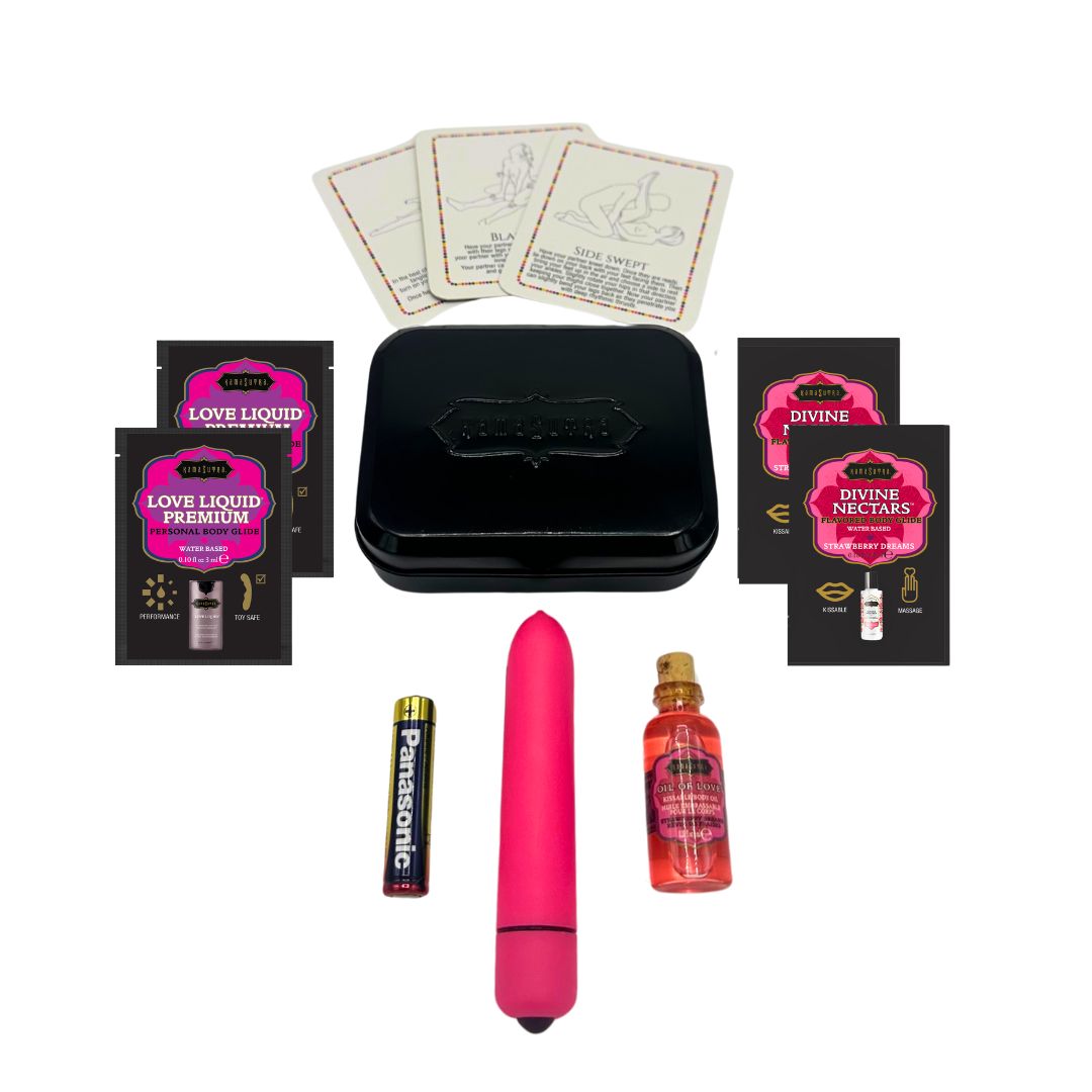 Strawberry Dreams Weekender Kit with mini vibe, lubricants, and play cards.