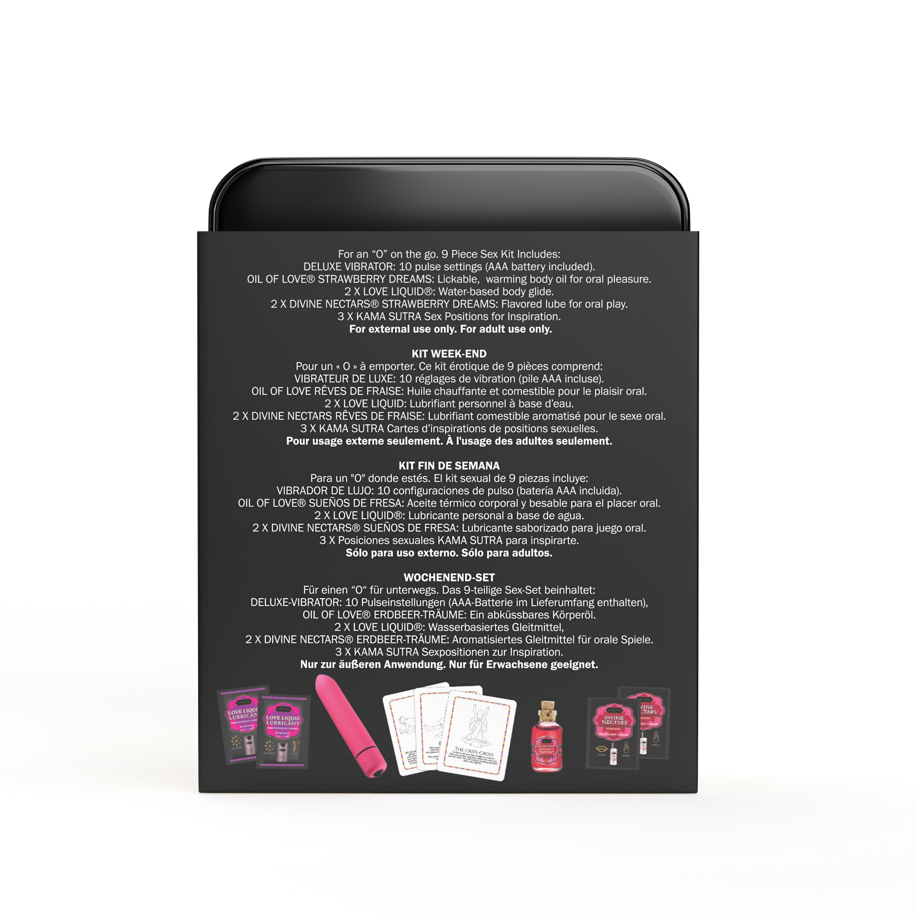 Strawberry Dreams Weekender Kit with mini vibe, lubricants, and Kama Sutra cards.