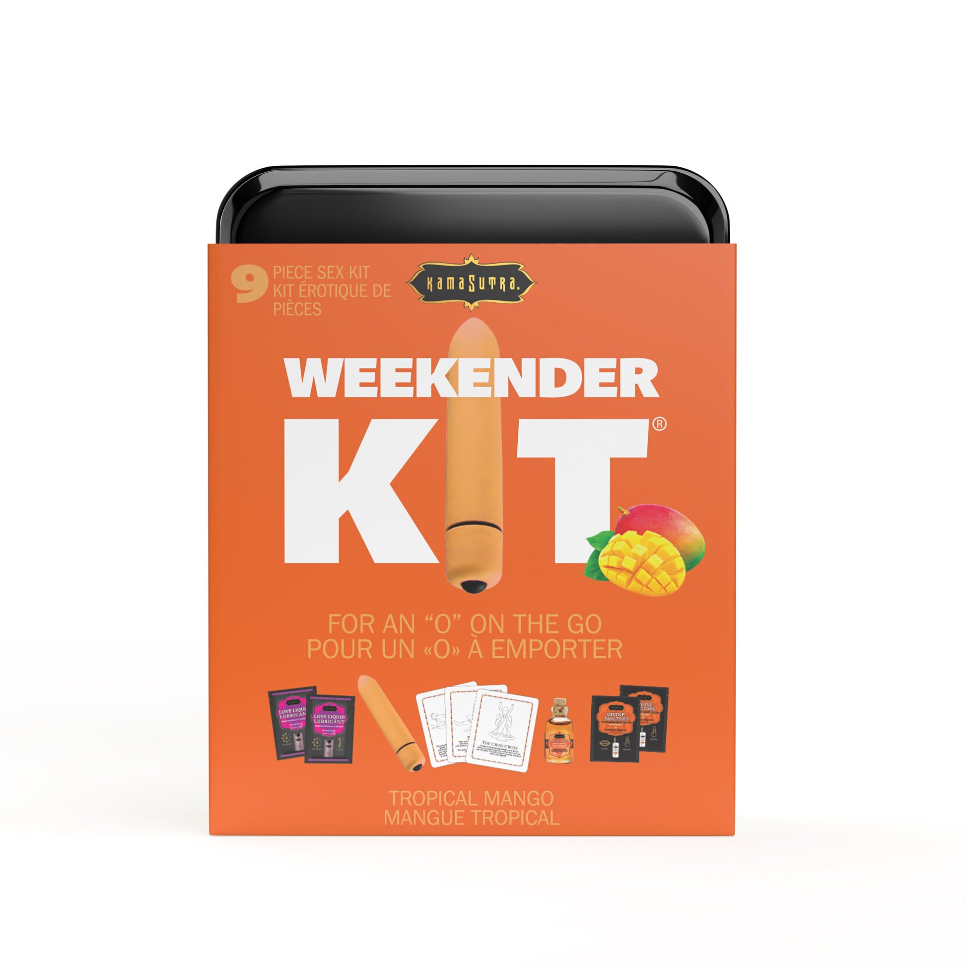 Kama Sutra Tropical Mango Weekender Kit with mini vibe and lubricants.