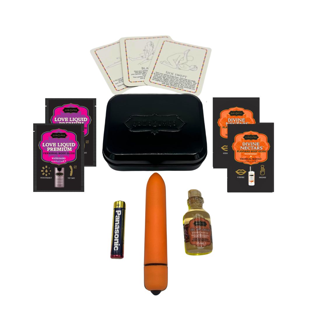 Kama Sutra Tropical Mango Weekender Kit with mini vibe, lubricants, and play cards.