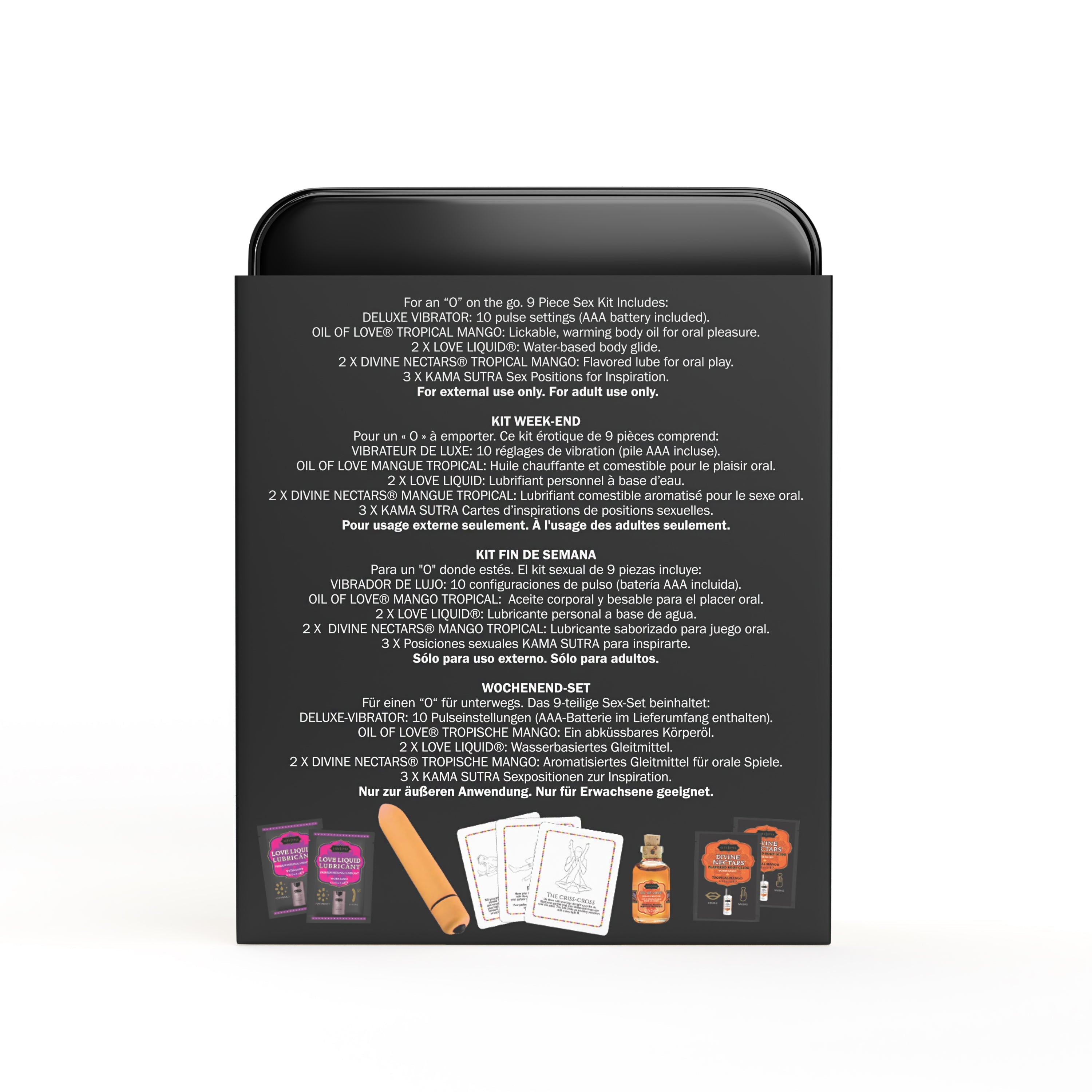 Tropical Mango Weekender Kit with mini vibe and Kama Sutra cards.