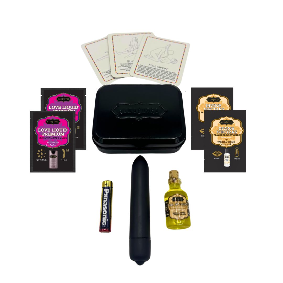 Vanilla Vibe Weekender Kit with mini bullet vibe, lubricants, and play cards.