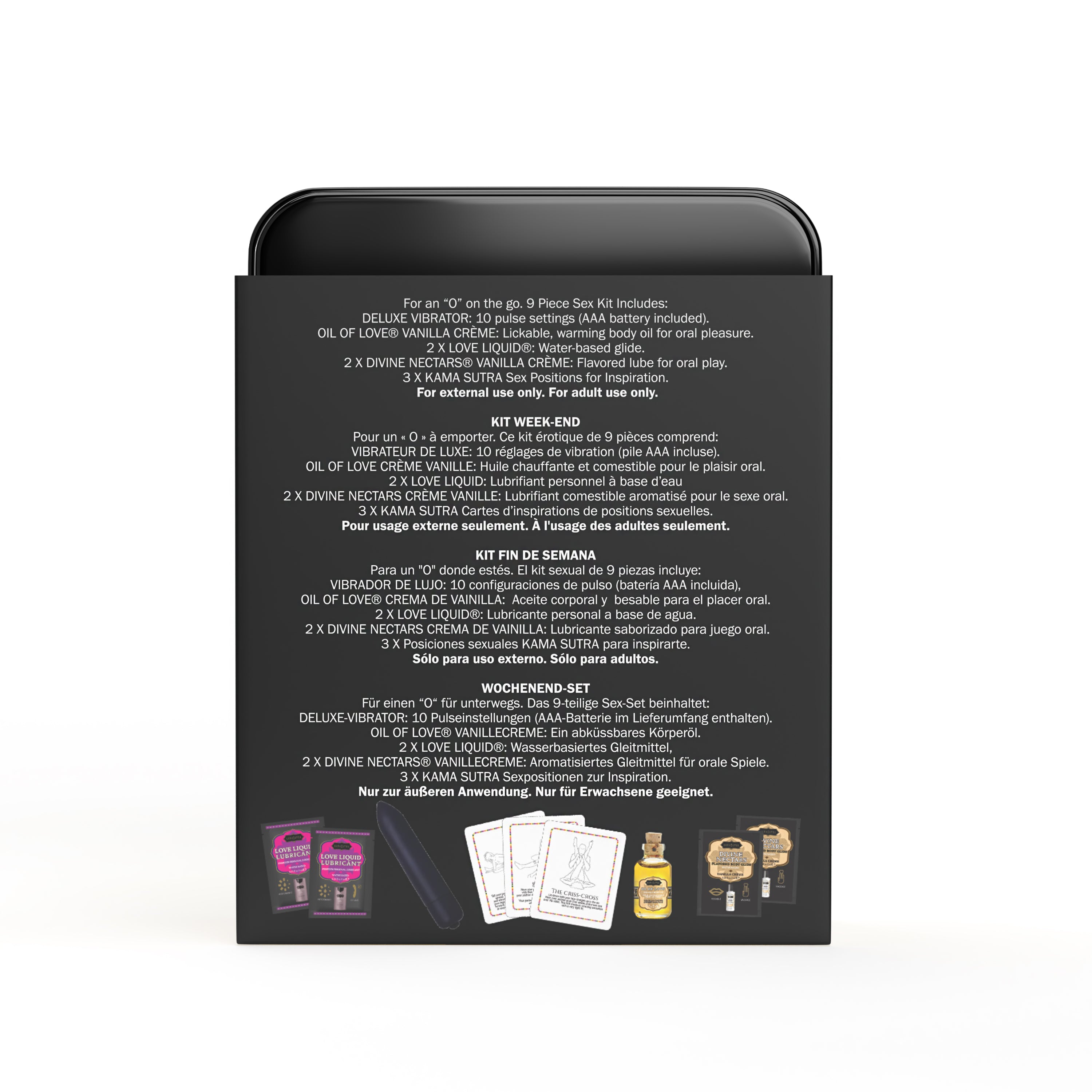 Vanilla Vibe Weekender Kit with mini bullet vibe, lubricants, and Kama Sutra cards.